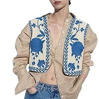 Multitrust Women Sleeveless Vintage Embroidered Floral Cardigan Vest Boho Y2K Linen Cropped Cardigans Tops Gilet Outwear