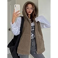 Women's Jackets Solid Drawstring Hooded Teddy Vest Jacket Lightweight Fashion (Color : Coffee Brown, Size : Large)
