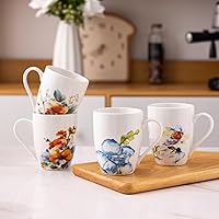 12oz Coffee Mugs Set fo 4, Ceramic Coffee Mugs with Decaled Flowers for Man Woman Mom Dad, Light Weight Coffee Mugs Set for Latte/Cappuccino/Cocoa/Milk, Dishwasher & Microwave Safe