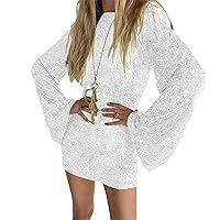 Women Bell Long Sleeve Sequin Mini Dress Sparkly Crewneck Bodycon Shorts Dress Glitter Disco Dresses Partywear