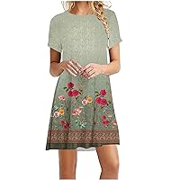 Womens Fashion Roses Flower Short Sleeve Swing Dress Summer Casual Loose Fit Round Neck Tunic Beach Mini Dresses