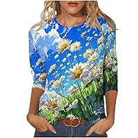 Flower Print Graphic T Shirts 3/4 Sleeve Tops for Women Fashion Crewneck Daily Shirt Loose Fit Plus Size Blouses