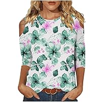 3/4 Length Sleeve Womens Tops Casual Crewneck T Shirts Novelty Printed Three Quarter Sleeve Tunic Tops Trendy Loose Blouses