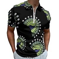 Cartoon Peacock Mens Polo Shirts Quick Dry Short Sleeve Zippered Workout T Shirt Tee Top