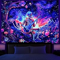 Dermijer Blacklight Tapestry Skull Guitar Tapestry UV Reactive Tree and Flowers Tapestry Quiet Starry Night Tapestry Aesthetic Music Wall Hanging Tapestry for Bedroom Living Room W78.7×H59.1