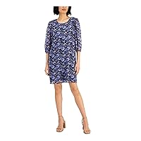 Connected Apparel Womens Blue Sheer Keyhole Closure Lined Floral 3/4 Sleeve Round Neck Above The Knee A-Line Dress 8