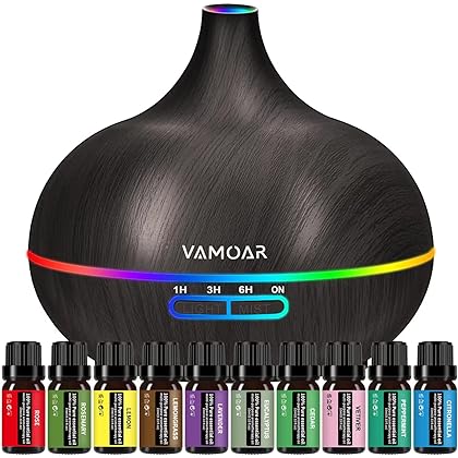 Essential Oil Diffuser Gift Set ，550ml Diffuser & Essential Oil Set, Top 10 Essential Oils, Aromatherapy Diffuser Humidifier with 4 Timer &Auto Shut-Off for & 15 Ambient Light Settings