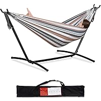 PNAEUT Double Hammock with Space Saving Steel Stand Included 2 Person Heavy Duty Outside Garden Yard Outdoor 450lb Capacity 2 People Standing Hammocks and Portable Carrying Bag (Coffee)