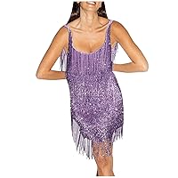 XUNRYAN Womens Fringe Sequin Dress 1920S Prom Dress Sexy Mini Tassel Tank Dresses Cocktail Evening Party Concert Outfits