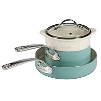 Oprah's Favorite Things - 4-Piece Heavy-Gauge Aluminum Pots and Pans Cookware Set w/Non-Stick Non-Toxic Ceramic Interior and Ceramic Steamer Insert Sage Green