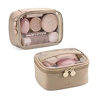 Pocmimut Small Makeup Bag,PU Leather Clear Makeup Pouch,Quart Size Travel Small Toiletry Bag for Purse(Apricot)