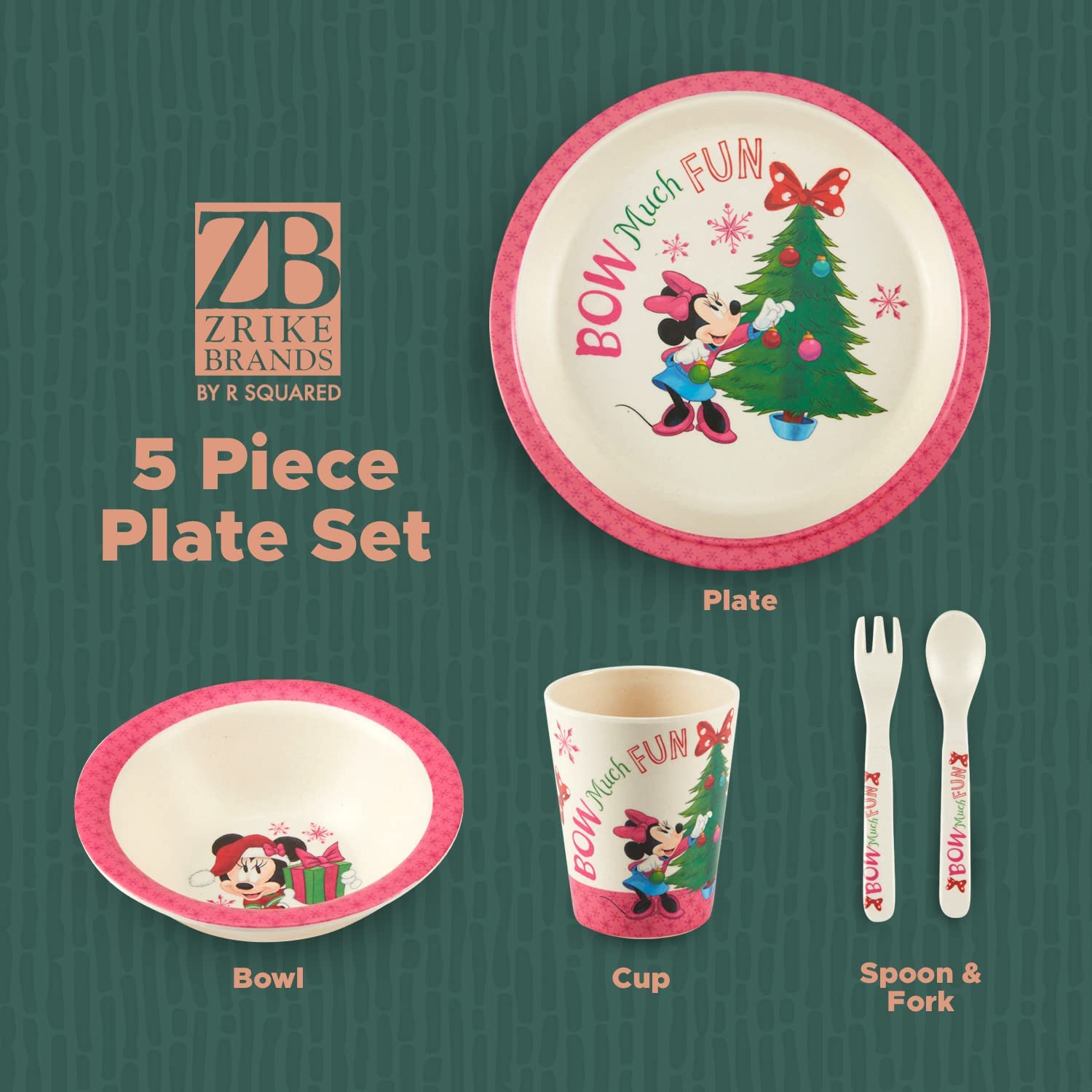 Bamboo Kids’ 5-Piece Dinnerware Set By Zrike Brands-Tableware Set With Dinner Plate, Bowl, Cup, Fork & Spoon- BPA-Free Disney Toddlers Feeding Set- Great Holiday Gift MINNIE JOY 5PC BAMBOO SET