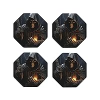 Grim-Reaper Leather Coasters Set of 4 Waterproof Heat-Resistant Drink Coasters Octagon Cup Mat for Living Room Kitchen Bar Coffee Decor