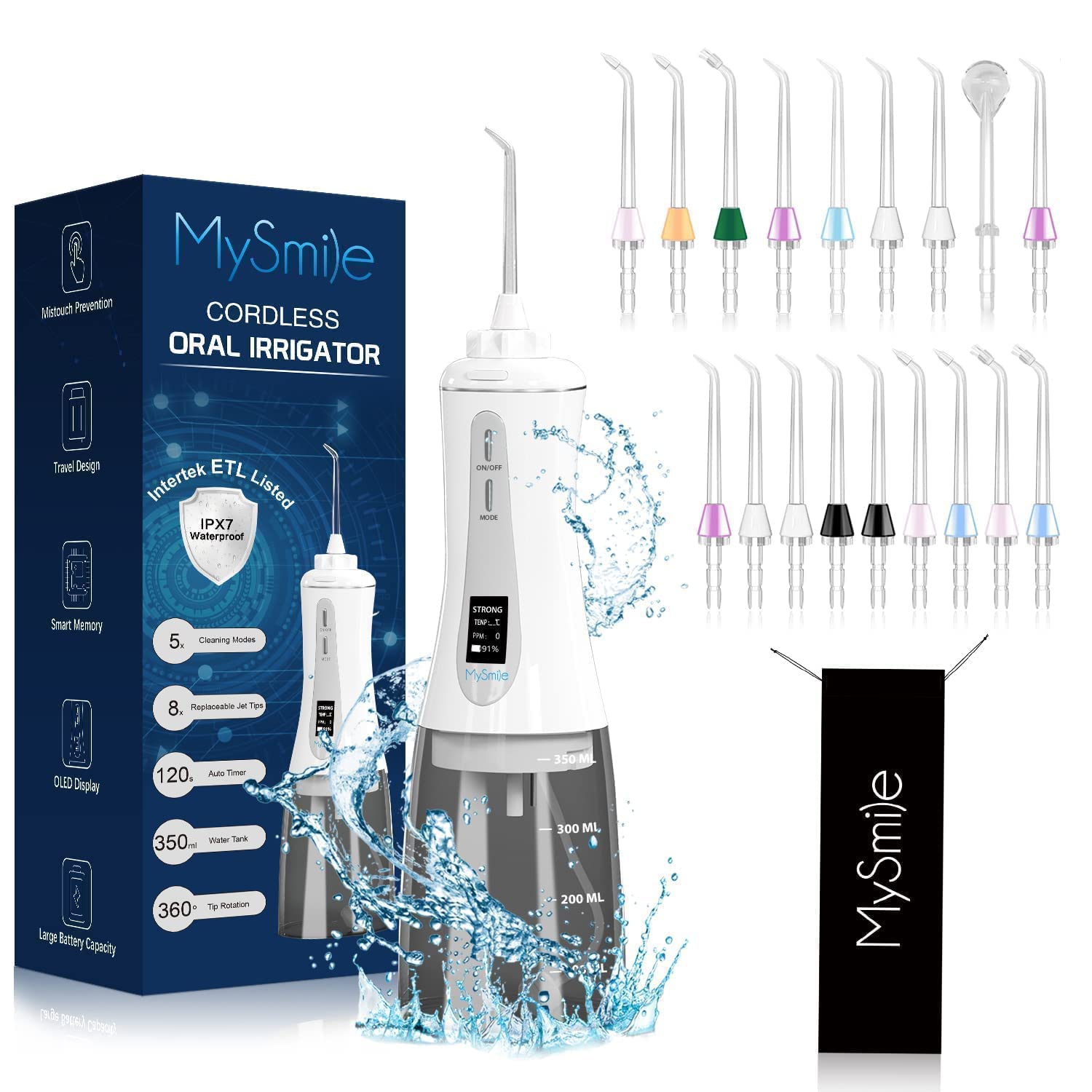 MySmile Powerful Cordless Water Dental Flosser Portable Oral Irrigator with OLED Display 5 Modes 18 Replaceable Jet Tips and 350 ML Detachable Water Tank for Home Travel Use White