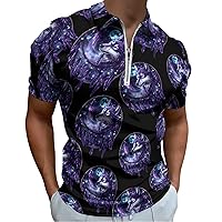 Dark Dream Catcher Purple Wolf Men's Zippered Polo Shirts Short Sleeve Golf T-Shirt Regular Fit Casual Tees