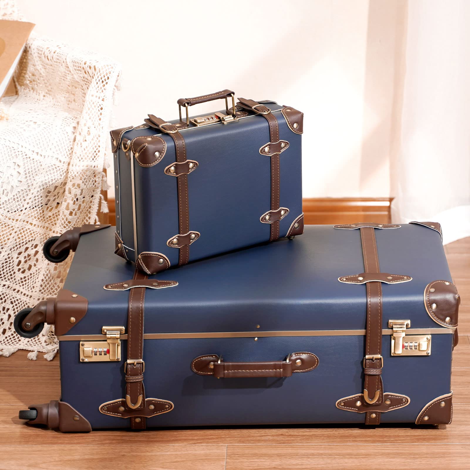 urecity vintage suitcase set for women, vintage luggage sets for women 2  piece, cute designer trunk luggage, retro suit case (Army Green, 20+12)