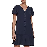 DKNY Women's Front Button Ruffle Hem Short Sleeve V-Neck Dress