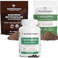 Real Mushrooms Hot Chocolate Mix (15srv), 5 Defenders Extract Powder (45srv), & 5 Defenders Supplements (90ct) Bundle to Support Immunity & Overall Wellbeing - Gluten-Free, Non-GMO, Vegan
