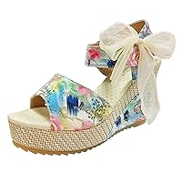 Sandals for Women Platform, Wedge Ankle Buckle Sandals with Strap Bowknot Summer Beach Sandals Open Toe Espadrille