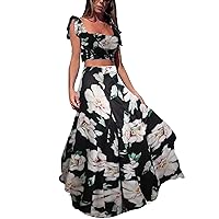 Vakkest Womens Summer Sexy 2 Pieces Outfits Ruffle Floral Tank Top Wrap Boho Tropical Long Skirt Set Clubwear Dresses