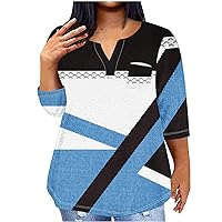 3/4 Sleeve Spring Tops for Women Plus Size V Neck Shirts Color Block Graphic Tee Casual Tunics Loose Summer Blouse
