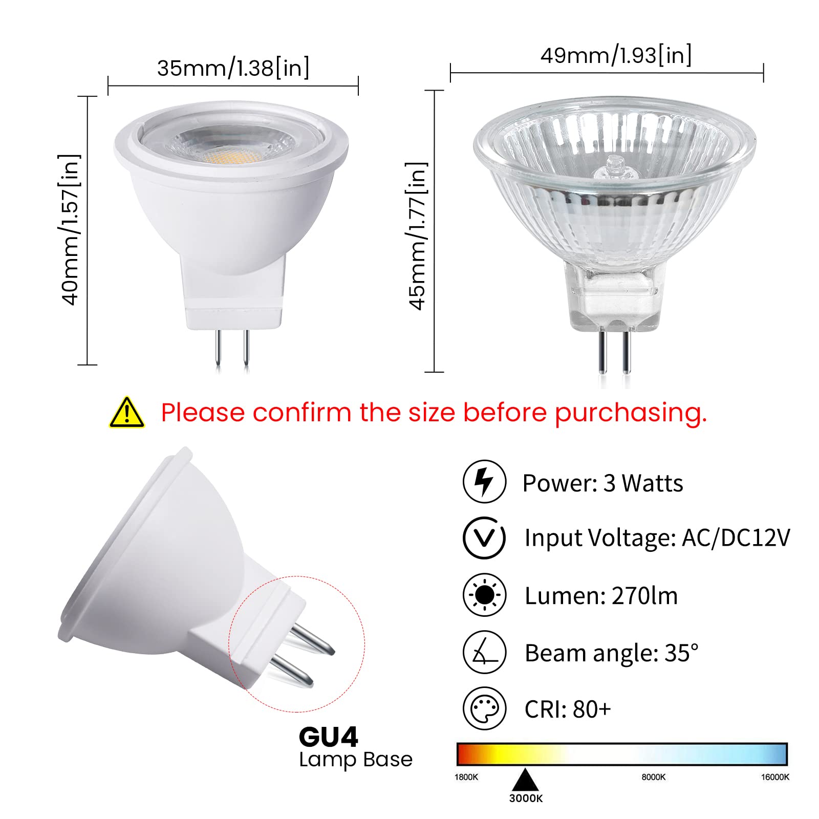Lustaled 12V MR11 GU4.0 LED Light Bulb 3W G4/GU4/GZ4 Bi-Pin Base LED Spot Light Low Voltage MR11 Landscape Bulbs 25W Halogen Equivalent Warm White 3000K for Accent Recessed Lamp (4-Pack)