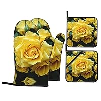 Graceful Yellow Rose Flower Printed Oven Mitts and Pot Holders Sets Heat Resistant Non-Slip Oven Gloves Kitchen Mitts 4pcs for Kitchen Cooking Baking BBQ