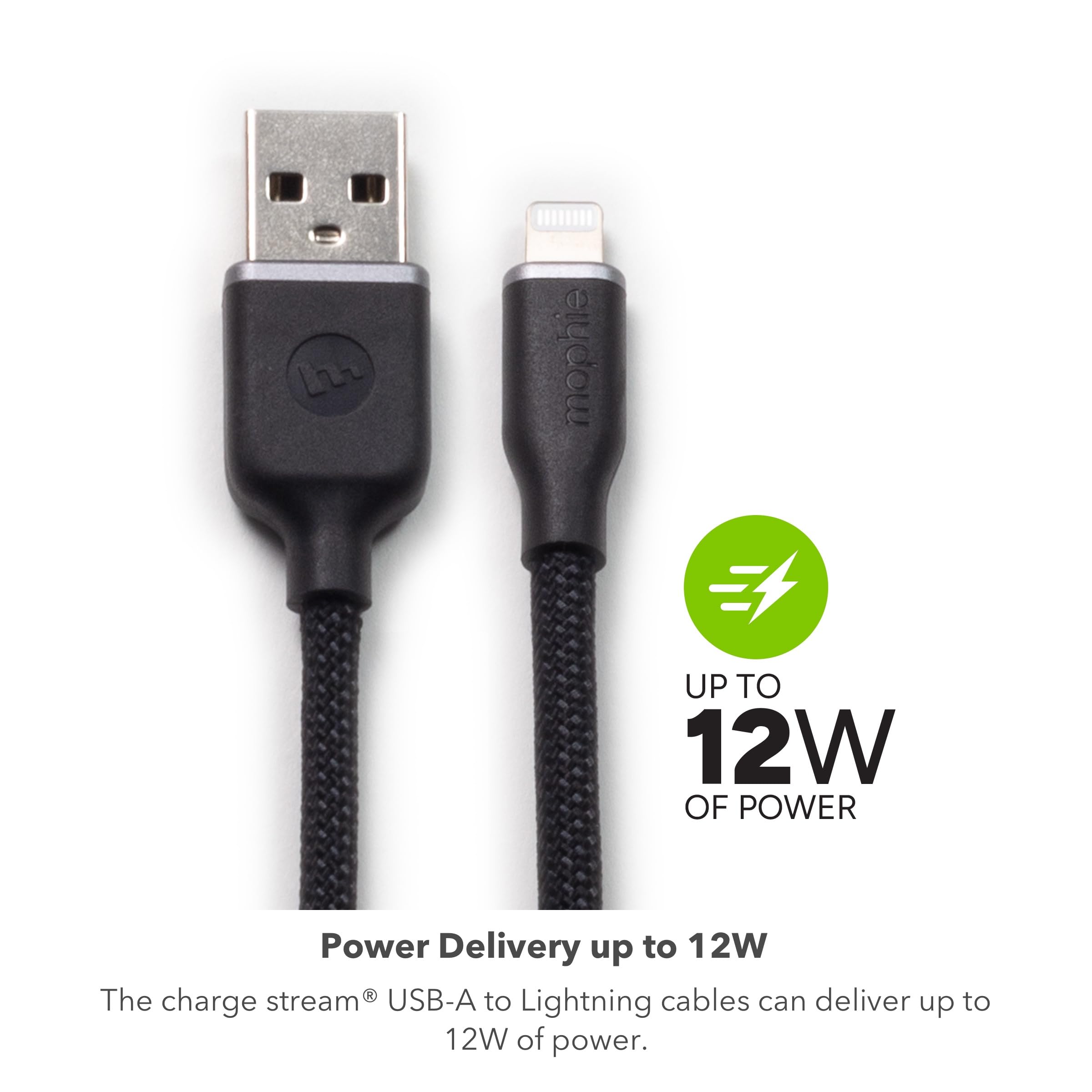 mophie Charge Stream USB-A to Lightning 2m/6ft Silicone Cable - Long-Lasting Braided Cord with Enduraflex™, Fast Charge Compatible & 12W Power Delivery