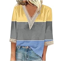 Women 3/4 Sleeve Tops Lace Trim V Neck Crochet Tops Color Block Summer Tops Elbow Sleeve Hawaiian Shirts Blouses