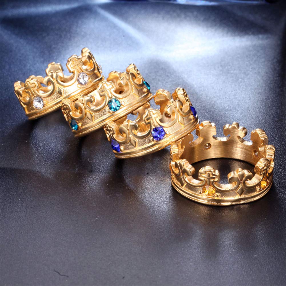 OAKKY Men's Women's Stainless Steel Round Cubic Zirconia Inlaid Vintage Domineering Royal King Crown Cross Ring