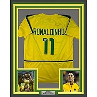 Framed Facsimile Autographed Ronaldinho 33x42 Yellow Reprint Laser Auto Jersey - Sports Memorabilia