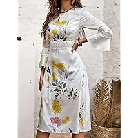 Dresses for Women - Floral Print Guipure Lace Flounce Sleeve Dress (Color : White, Size : Medium)