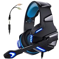 Micolindun N12 Stereo Gaming Headset for PS4, Xbox One, PC with LED Bass Surround Soft Memory Earmuffs, Noise Cancelling Over Ear Headphones Mic, Volume Control for Laptop Table