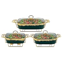 Ceramic Bakeware Set, 3PCS Baking Trays Rectangular Baking Dish Lasagna Pans 1.43/1.95/2.43QT, Ceramics Chafers & Buffet Sets, Baking Trays with Support Stand for Cooking, Kitchen, Banquet (Green)