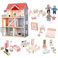 Giant Bean Wooden Dollhouse 2.6 feet High with Elevator, Doorbell, Light,51 Pieces Furnitures and 4 Dolls
