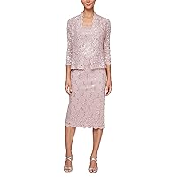 S.L. Fashions Women's Tea Length Sequin Lace Special Occasion Dress with Illusion Sleeve Jacket (Petite and Regular Sizes)