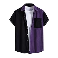 Mens Corduroy Vintage Patchwork Shirts Summer Short Sleeve Color Block Shirts Casual Button Down Beach Shirts