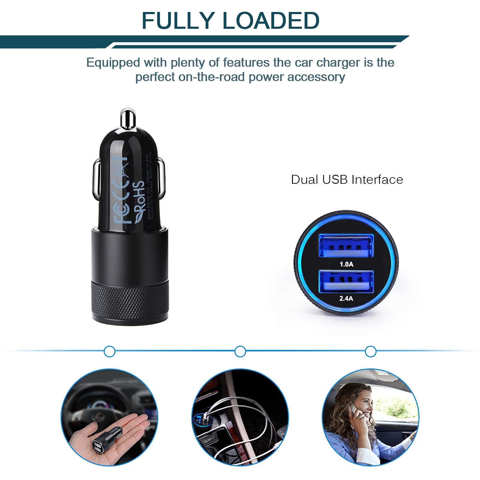 AILKIN 3.4a Fast Charge Dual Port USB Cargador Carro Lighter Adapter& AILKIN Android USB 2.0A Male to Micro B Charger Cord
