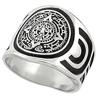 Sterling Silver Aztec Calendar Mayan Sun Ring for Men Aztec Design Sides 18mm Wide, Sizes 8-13