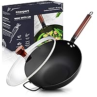 KITEXPERT Carbon Steel Wok Pan With Lid - 13'' Wok & Stir Fry Pans Nonstick with Wooden Handle - No Chemical Coated Chinese Wok with Flat Bottom for Induction, Electric, Gas, Halogen, All Stoves