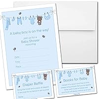 Set of 25 Baby Shower Invitations for Boy with Envelopes, Diaper Raffle Tickets and Baby Shower Book Request Cards