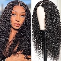 Curly V Part Wig Human Hair Brazilian Virgin Human Hair Wigs for Black Women Upgrade U Part Wig Glueless Full Head Clip In Half Wig V Shape Wig No Leave Out 250% Density Natural Black 26 Inch