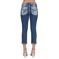 Miss Me Women's Paisley Peekaboo Faux Top Pockets Mid-Rise Capri Jeans