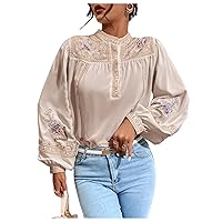 Women's Vintage Embroidered Lantern Sleeve Long Sleeve Stand Collar Pullover Autumn Winter Top
