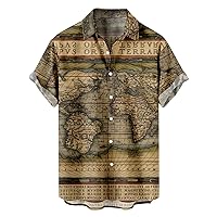 Mens World Map Print Summer Tops Button Down Short Sleeve Beach Shirt Loose Casual Blosue Stylish Hawaiian Shirt