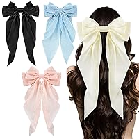 Big Bow Hair Clips 4pcs, Long Tail French hair Bows for Women Girl, Satin Silky & Lace Bow Hair Barrette, Bow Hair Dress Up Accessories for Birthday/Party/Show/Christmas/Wedding