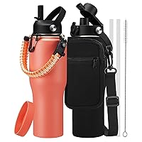 32 oz Stainless Steel Water Bottle - Keep Cold-48 Hrs, Hot-24 Hrs, Leak Proof Vacuum Insulated Water Bottle with Straw, Spout Lid, Paracord Handle, Carrier Bag, Tumbler Fits in Car Cup Holder