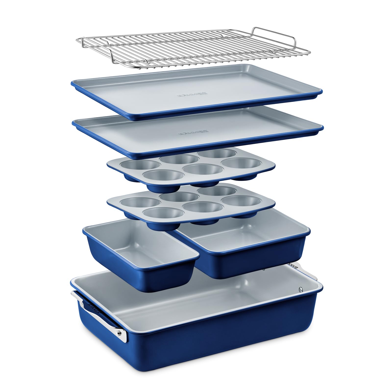 Bakken 8-Piece Stackable Bakeware Set - Ceramic Non-Stick Coating, Baking Sheets, Assorted Baking Pans, PTFE, PFOA & PFOS Free - Healthy Baking, Ergonomic Handles, Cooling Rack, Non-Toxic, Oven-Safe