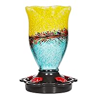 LUJII Hummingbird Feeders for Outdoors with Ant Proof, Handmade Blown Glass Hummingbird Feeder for Outside with S Hook, 25 oz, Leak Proof, Multiple Functions Vase or Garden Decor, Blue Mixed Yellow
