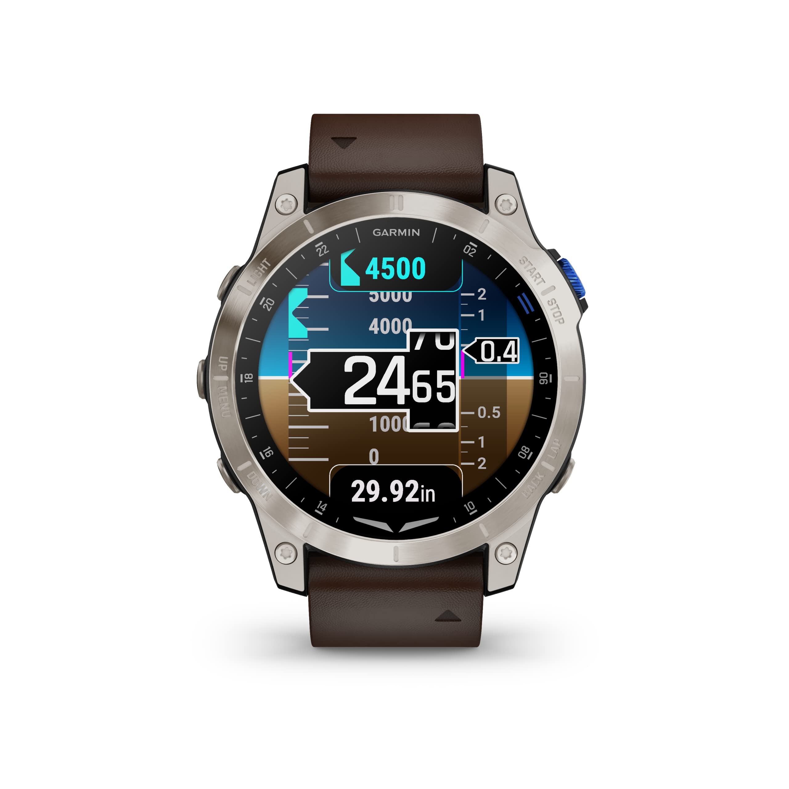 Garmin D2™ Mach 1, Touchscreen Aviator Smartwatch with GPS Moving Map, Aviation Weather, Health and Wellness Features and More, Oxford Brown Leather Band